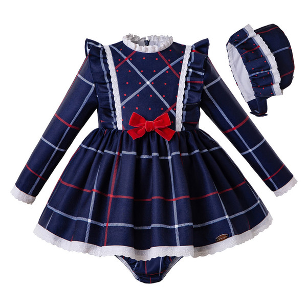 Pettigirl Baby Girl Clothes Blue Ruffle Grid Autumn Dresses+PP Pants+Bonnet With Bow Infant Girls Clothing G-DMCS208-240