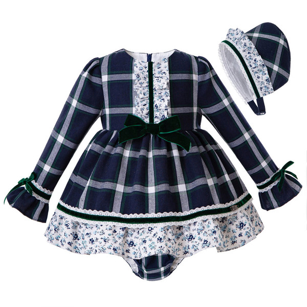 Pettigirl Christmas Baby Girls Outfit Dress With Bow White Grid Autumn Dresses+PP pants+Bonnet Girls Clothing Kid Winter Dress