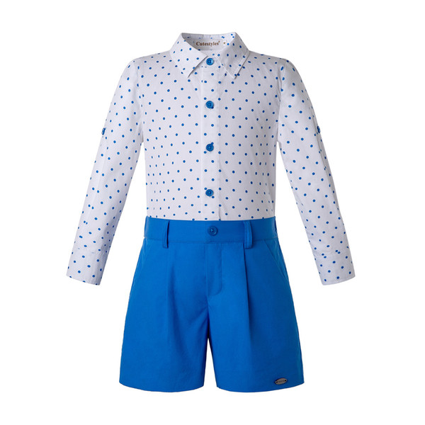 Summer 2PCS kids Boy Clothing Sets Long Sleevees Dot White Shirt+Royal Blue Shorts Boutique kids luxury designer clothes boys B-DMCS203-58