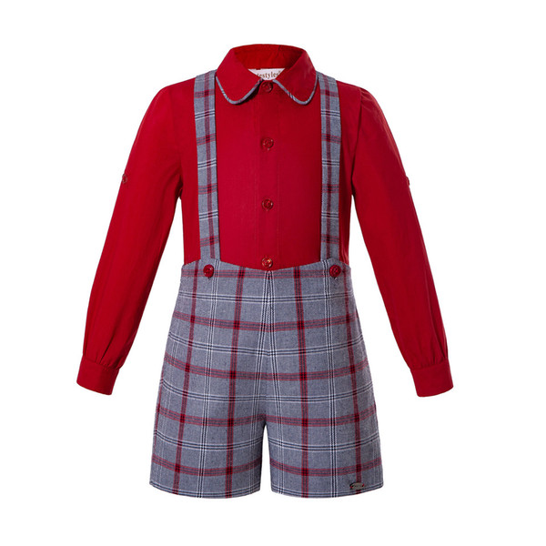 Pettigirl Christmas Kids Outfits Baby Boy Red Shirt+Grey Grid Suspenders Shorts Boys Clothing Sets Autumn Children Clothes