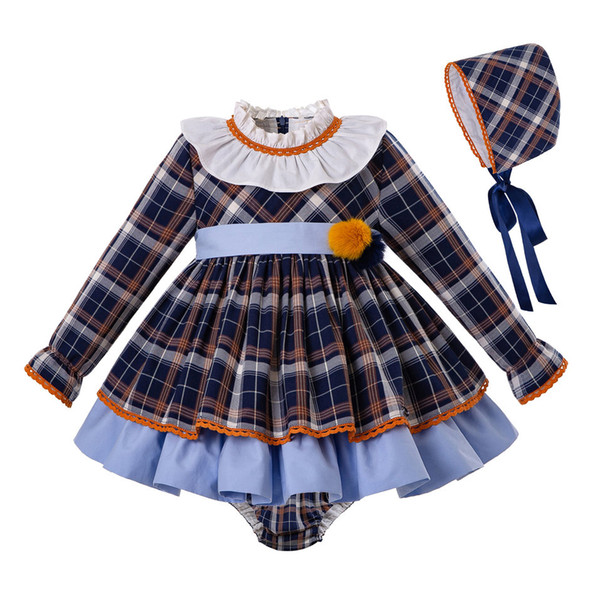 Pettigirl Baby Girl Luxury Designer Clothes Blue Grid Autumn Dresses+PP pants+Bonnet Baby Girl Clothes Kid Winter Dress G-DMCS207-A373