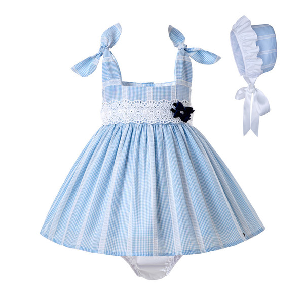 Pettigirl Summer Toddler Lace Baby Girl Blue Outfit + PP Pants +Bonnet With Flower Baby Wedding Dress Children Clothes G-DMCS203-C182