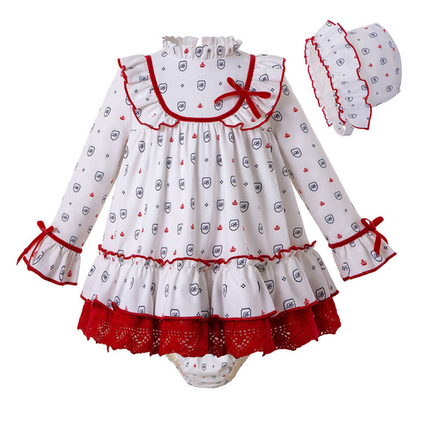 Pettigirl Autumn White Print Kids Clothing Sets Baby Girl Dress+PP Pants+Bonnet Christmas Girls Outfits with Bow Kid Clothes