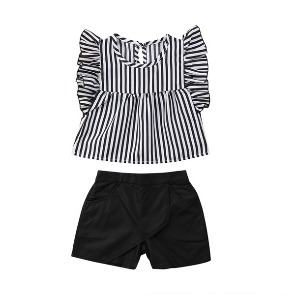 2PCS Toddler Kid Girl 2018 Striped Tops Blouse Shorts Black Pants Outfit Clothes Fashion Summer Set Sunsuit