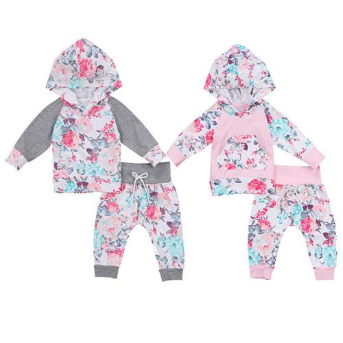 0-24M Newborn Infant Kid Baby Girl Cotton Casual Long Sleeve Hooded Floral Pocket Tops Leggings Pants Outfits Clothes 2Pcs Set