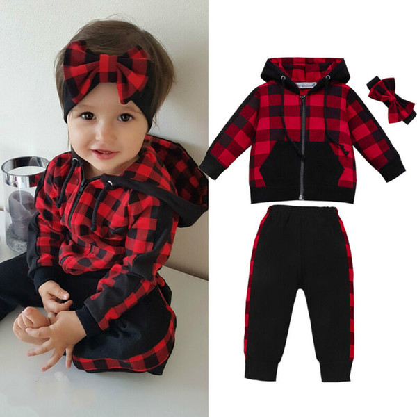 Toddler Baby Girl Clothes Christmas Winter Clothes Plaid Zipper Hooded Coat Top+Long Pants Headband Xmas Outfit Set 3PCS 0-3T