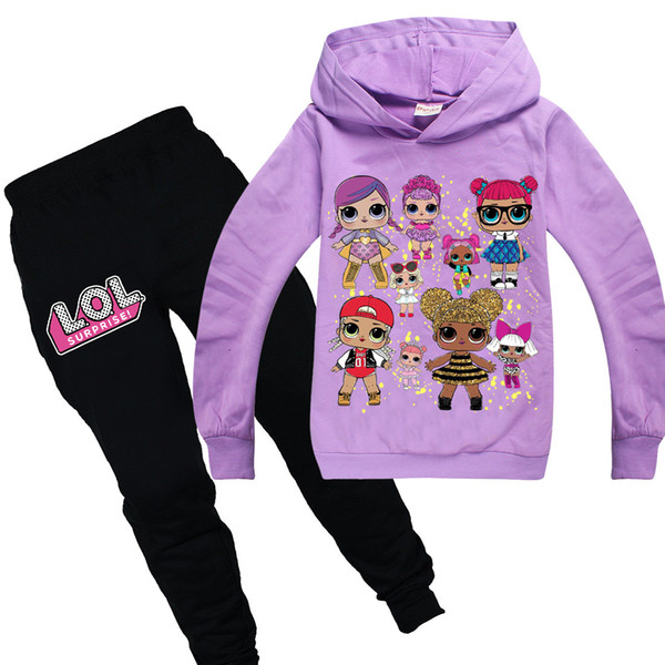 Girls Spring/Autumn Casual Set Children's Fashion Doll Print Pink Long Sleeve Hoodie Sports Pants Tracksuit Kids/Baby Purple Suits