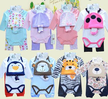 2016 Infants Baby Bodysuits Rompers Boys Girls Long Sleeve Bodysuits+pant+Hat+socks 4pcs Set Cotton Babys Clothing 8colors #3866