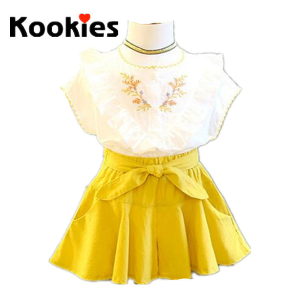 Kookies 2018 Summer White Tops +Yellow Skirt Shorts Embroidery Flowers Lace Shirt Top Kids Clothes Suits