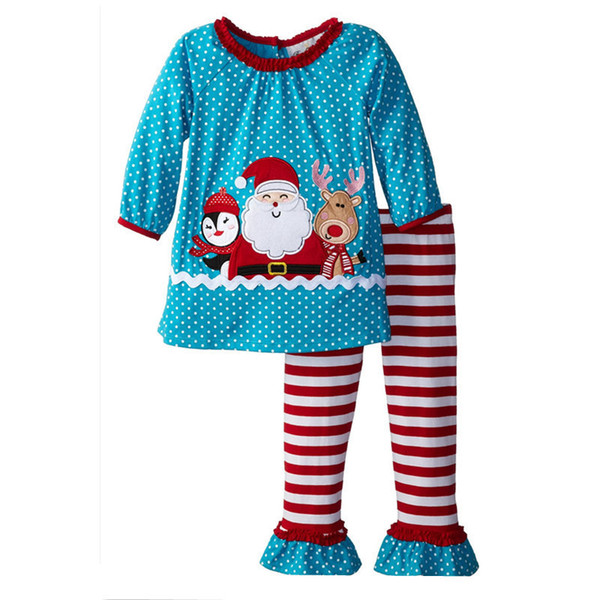 Blue Polka Dot Baby Girls Christmas Clothes Sets Santa Girl Dress Leggings Clothes Suit Children Blouses Pants Kids Outfits 1-6Y