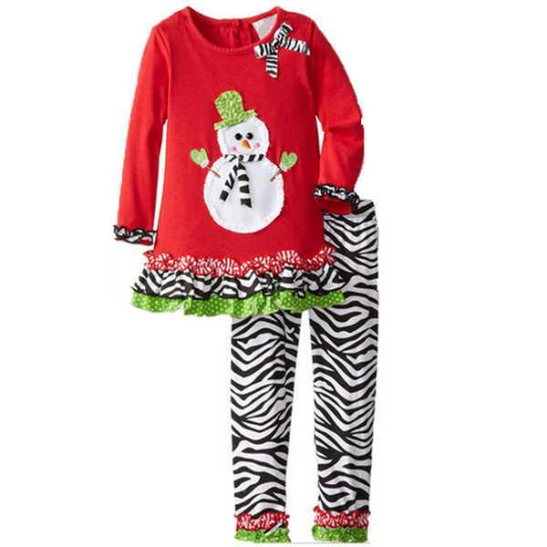 Red Baby Girls Christmas Clothing Sets Snowman Girl Dress Zebra Trousers Clothes Suit Children Dresses Pants Kids Outfits Blouse