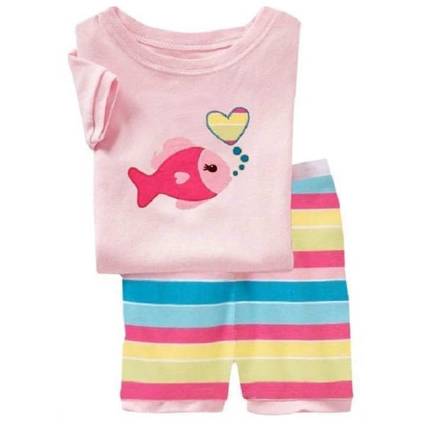 Pink Baby Girls Pajamas Clothes Suit Summer Fish T-Shirts Shorts Rainbow Stripe Pants 100% Cotton Toddler Clothing At Home PJ'S