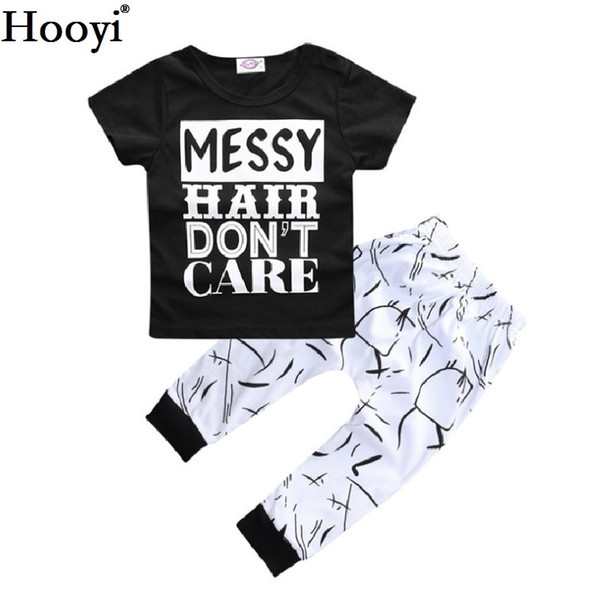 Hooyi Black White Baby Girls Clothes Set Short-Sleeve Boy T-Shirt Pant 100% Cotton 70 80 90 100 Toddler Clothing Suit Messy Hair Don't Care