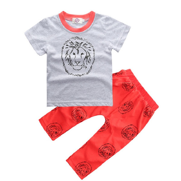 Lion Baby Boys Clothes Set Summer Babe Grey T-Shirt Long Pant 100% Cotton 70 80 90 100 Toddler Clothing Suit Outfits Red Trouser Soft Tees