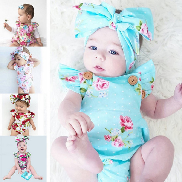 Fashion Baby Girl Bodysuit Headband 2-Pieces Clothes Suit Floral Newborn Jumpsuit Hairband Clothing Infant Shirts Outfit 0-2Year