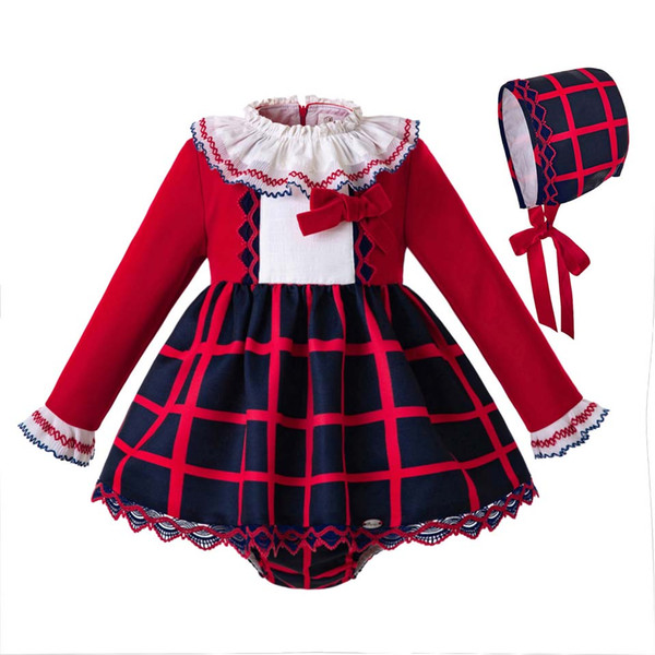 Pettigirl Wholesale Autumn Red Round Collar Baby Girl Party Clothing Set long Sleeves Top With Bow+Red Gird PP-pants G-DMCS107-B386