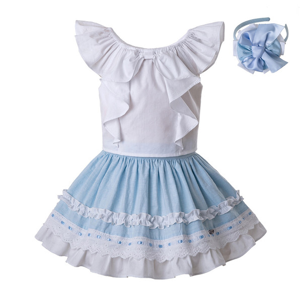 Pettigirl Newest Girls Clothing Set White Cotton Shirt And Sky Blue Skirt With Headwear Cute Kids Clothing G-DMCS201-C142