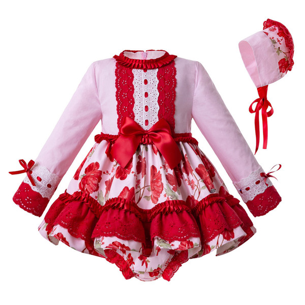 Pettigirl 2019 Baby Girl Red Clothing Set Flower Printed 3PCS O-neck Wedding Dress For Girl G-DMCS111-C119