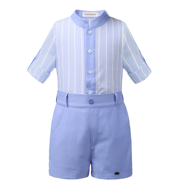 Pettigirl Blue Stripe Design Boys Clothing Sets Summer Kids Clothes Solid Top With Pants Child Clothing B-DMCS101-B187