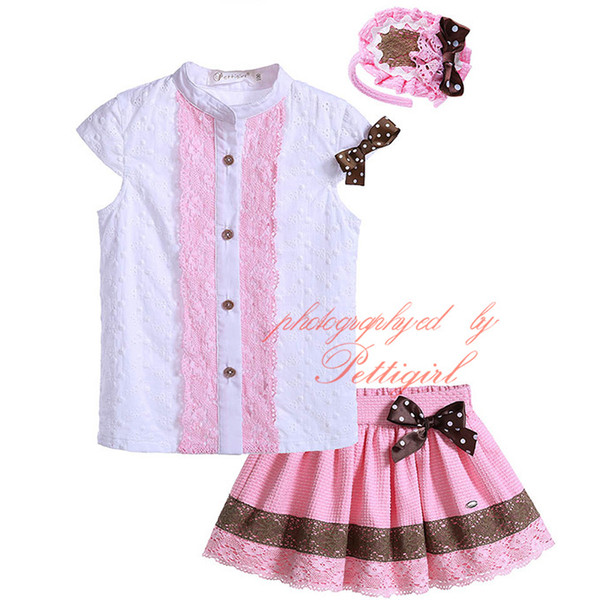 Pettigirl Lace Hem Boutique Girl Clothing Set With Headwear Mandarin Collar Single Breasted Tops Pink Skirt Kids Summer Wear G-DMCS905-786