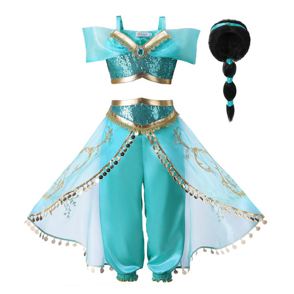 Arabian Fancy Dress up for Girls Sleeveless Sequined Jasmine Cosplay Princess Costume Kids Halloween 2 Pcs Set Clothes With Wig JASMINE-O