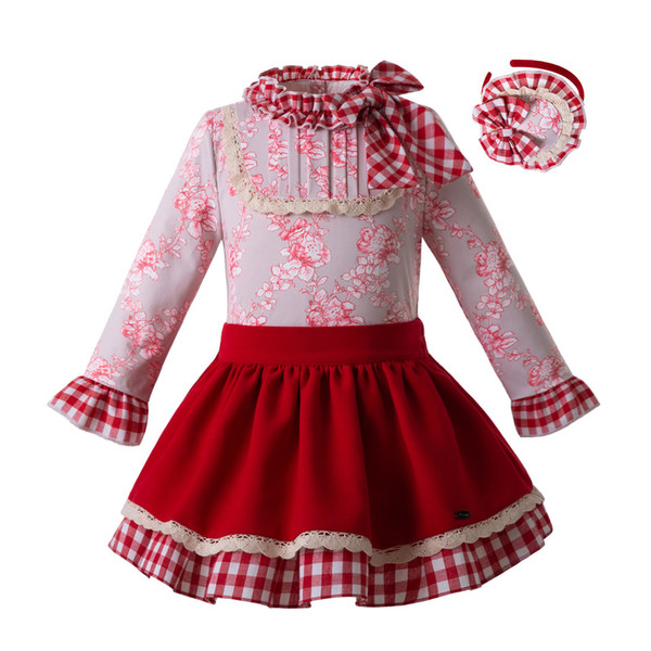 Pettigirl 2019 New Spring Girls Princess Clothing Set With Baby Headband Floral Tops+Red Skirts Party Kid Costumes G-DMCS107-C66