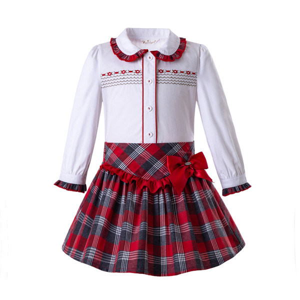 Pettigirl Autumn Baby Girls Clothing Set Single-breasted Tops With Red Grid Skirts Vintage Kid Princess Costumes G-DMCS108-C80