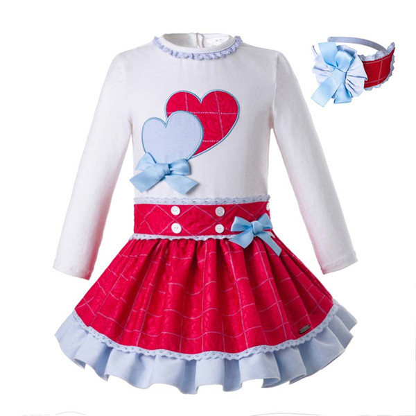 Pettigirl Spring Girls Princess Clothing Set With Baby Headband Double Heart Design Tops +Red Skirts Kid Clothes G-DMCS108-C69