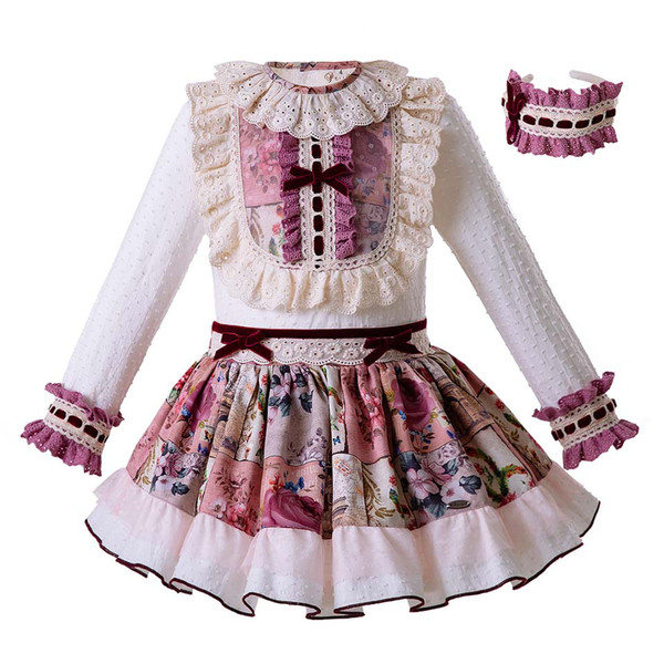 Pettigirl Spanish Style Princess Clothing Set With Headwear White Lace Tops +Flower Skirts Boutique Child Outfits G-DMCS106-B325