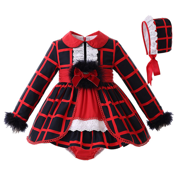 Pettigirl Autumn Turn down Collar Baby Girl Clothing Set Red Grid Faux Fur long Sleeves Top With Bow+Red PP-pants G-DMCS107-B357