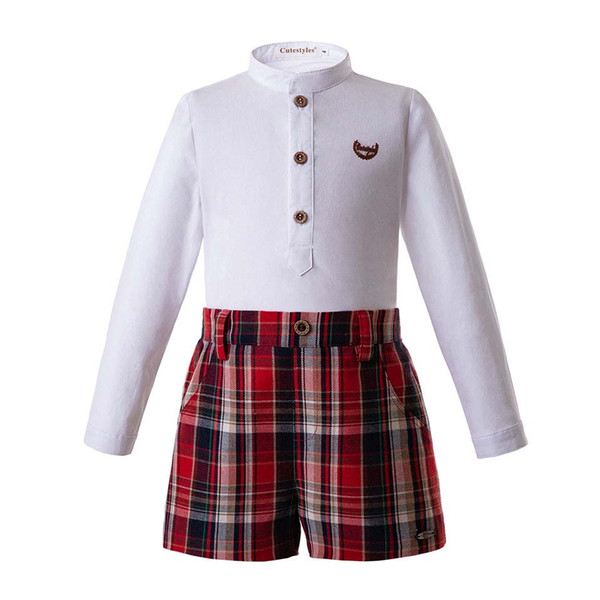 Pettigirl Newest Autumn Boys Clothing Sets White Shirt And Wine Red Grid Shorts Boutique Children Clothing Outfit B-DMCS107-C64