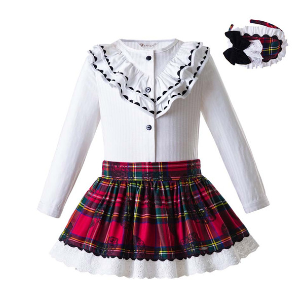 Pettigirl New Arrival Clothing Set For Girl With Headwear Long Sleeve White Top+Plaid Skirt Kids Outfits G-DMCS107-B396