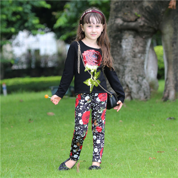 Pettigirl Retail Girls Clothing Set Kids Flower Outfits With Big Rose Upper And Print Long Pants For Fall Children Clothes CS80813-74F