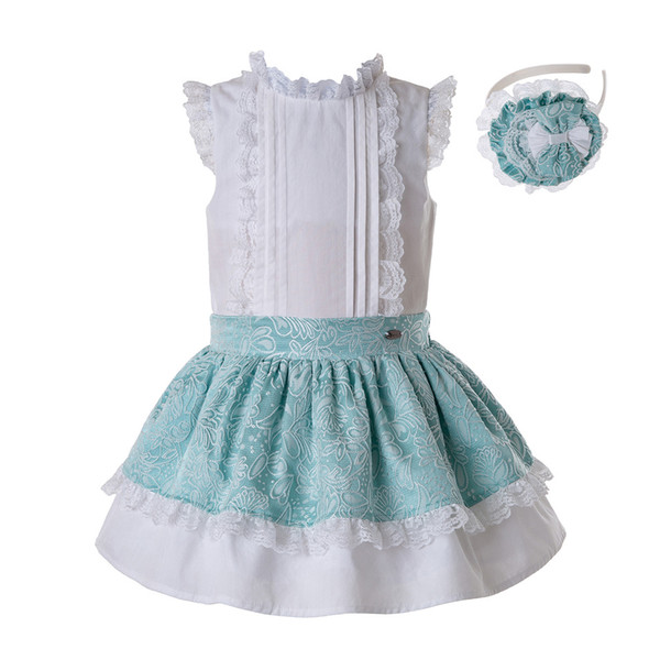 Pettigirl Slubbed Cotton Girl Summer Clothing Set Party Wedding White Top +Mint Green Children Sets For Girl G-DMCS201-A275