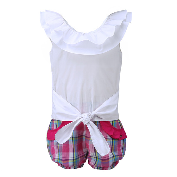 Pettigirl Summer Girls CLothing Sets White O-Neck Sleeveless Top+ Grid Short Baby Outfit Suit Summer Kids Clothes G-DMCS101-B208