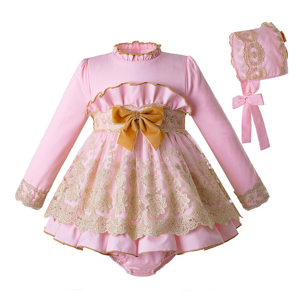 Pettigirl Autumn Pink Baby Girl Clothing Set Lace Long Sleeve Top With Bow+Casual PP-pants Boutique Kid Clothes G-DMCS110-C107