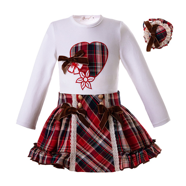 Pettigirl New Arrival Girls Clothing Set With Headwear Long Sleeve White Tops+Plaid Skirts Boutique Kids Outfits G-DMCS107-C62