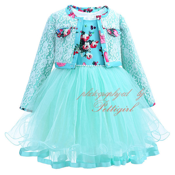 Pettigirl 2017New Girl Party Dress Set Lace Long Sleeve Overcoat Floral Pearl Bead Tiered Tulle Kids Elegant Clothing Set G-DMCS908-1048