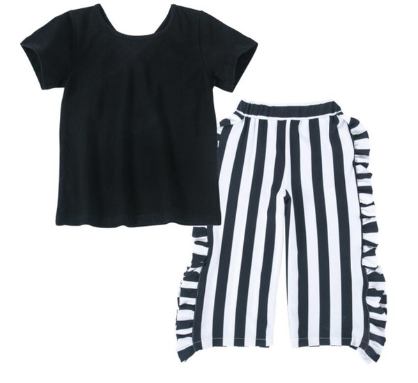 ins hot sale baby girls ruffle pants matching black cotton boutique shirt set kids clothing set