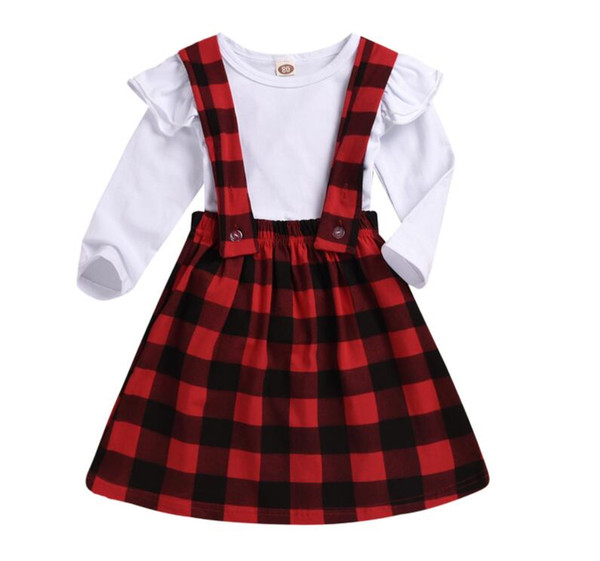 ins hot sale baby girls ruffle shirt red and black skirt clothing set children boutique 100%cotton button sets