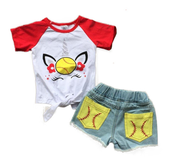 ins hot sales baby girls summer new arrival outfits softball denim short set outfits