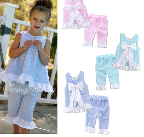 ins hot sales baby girls summer new arrival seersucker fabric clothing set children ruffle bow boutique set