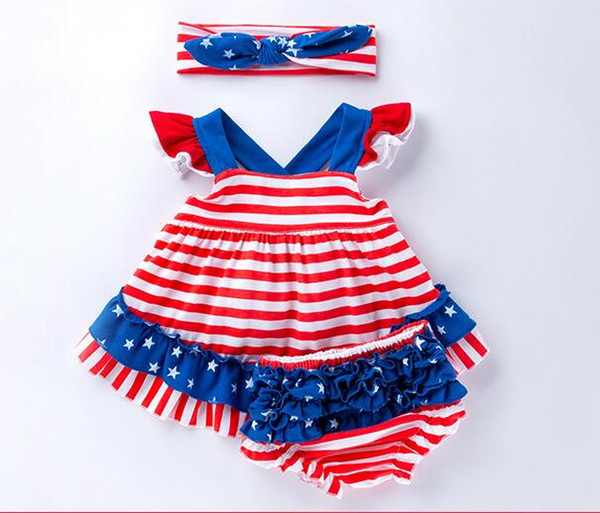 ins hot sales baby girls summer 4th of july dress matching shorts newborn boutique ruffle clothing set