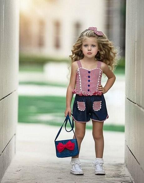 ins hot sale baby girls red plaid lace sling top imitation denim shorts set to send bow hair band kids clothes set