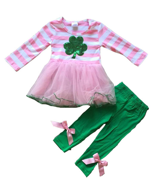 new arrival St.Patrick girls clothing sets baby kids black top with bottom pants shamrock print clothing St Patrick