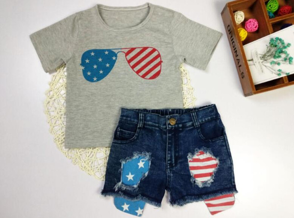 ins hot sales baby girls summer new arrival 4th of july sets prints shirt matching denim shorts sets