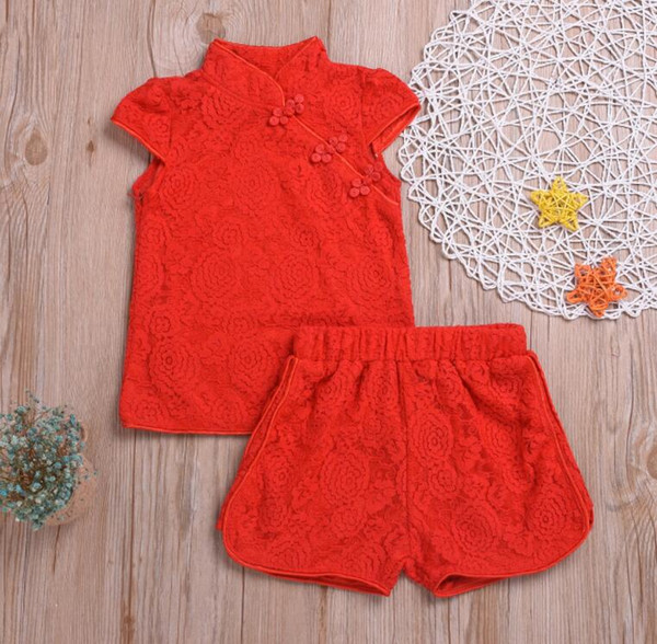 ins hot sales baby girls summer lace shirt matching shorts pink red and white lace clothing set kids boutique sets