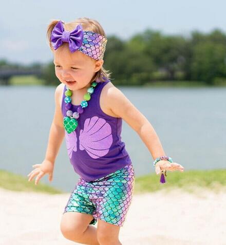 ins hot sales baby girls summer mermaid dress children boutique knit clothing set hot sale top matching shorts set