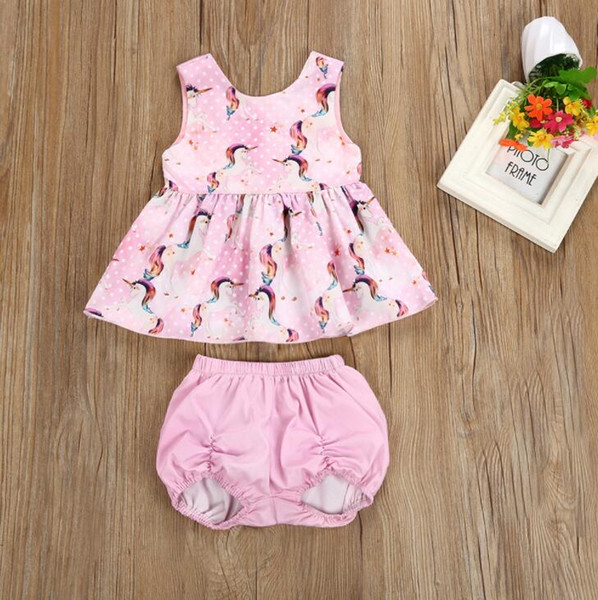 ins hot sales baby girls summer new arrival unicorn prints baby clothing set