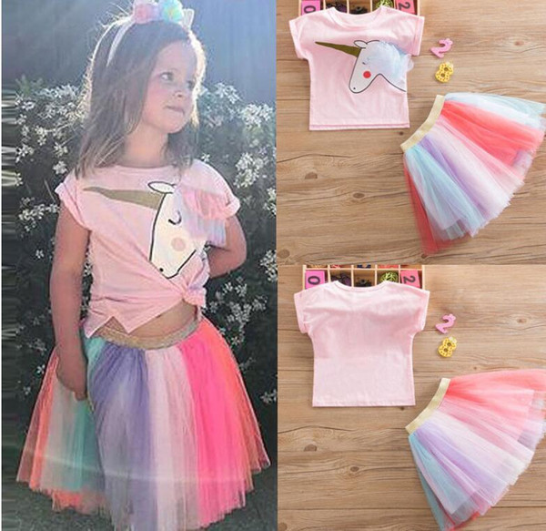 ins hot sales baby girls chiffon rainbow tutu dress matching unicorn shirts kids summer clothing set